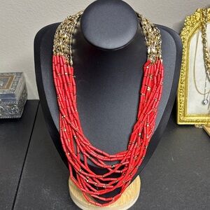 Stella & Dot Red Gold Tone Beaded Multi Strand Statement Necklace Campari